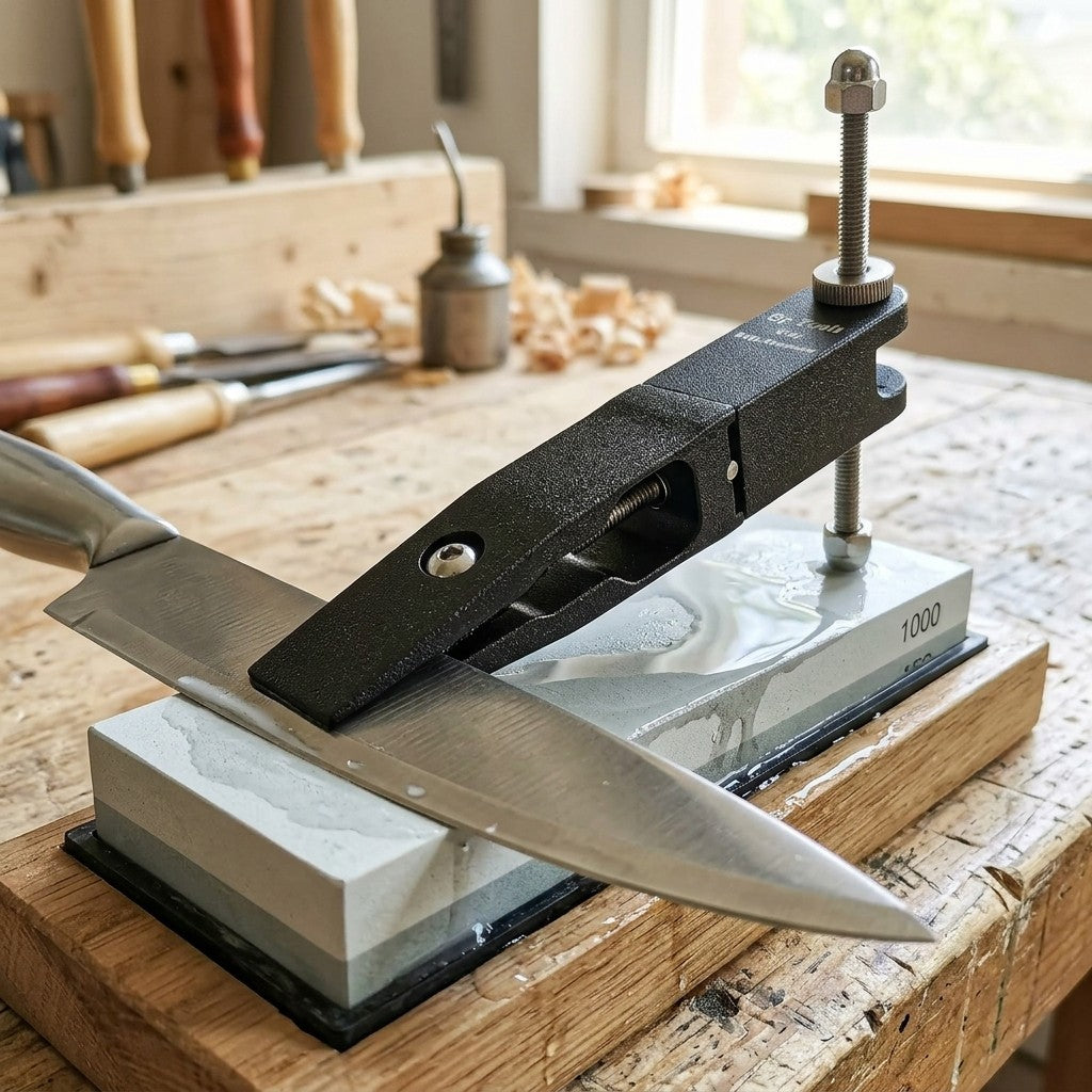 An einem Messer befestigte Schärfführung auf einem Schleifstein